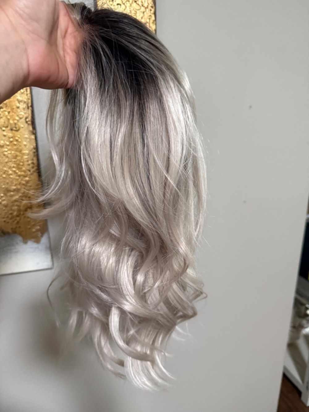Ash Blonde Ombre Wig with Dark Root Accent - Soft Wavy Style